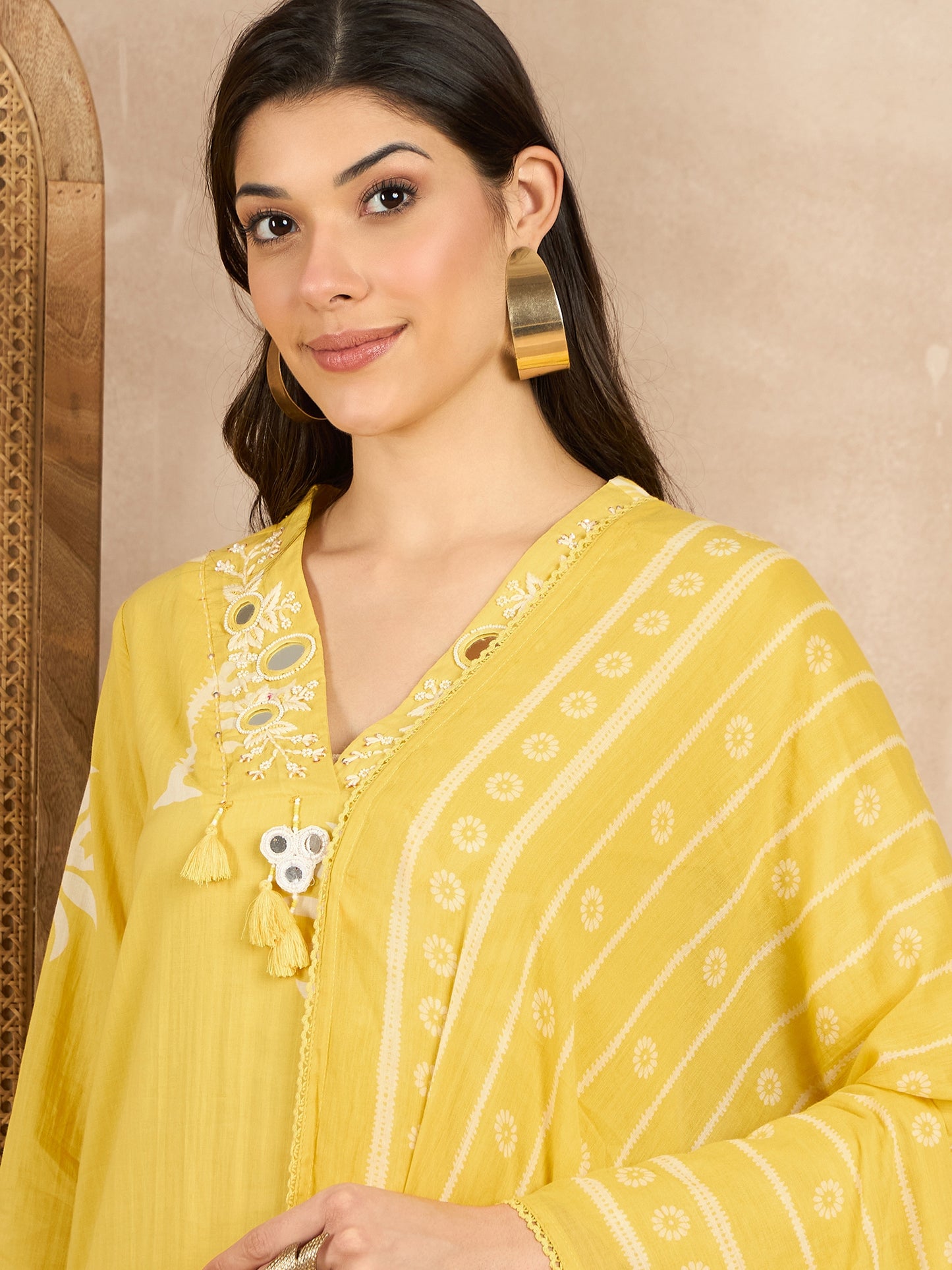 Women Ethnic Motifs Printed Regular Mirror Work Pure Cotton Kurta with Trousers & With Dupatta