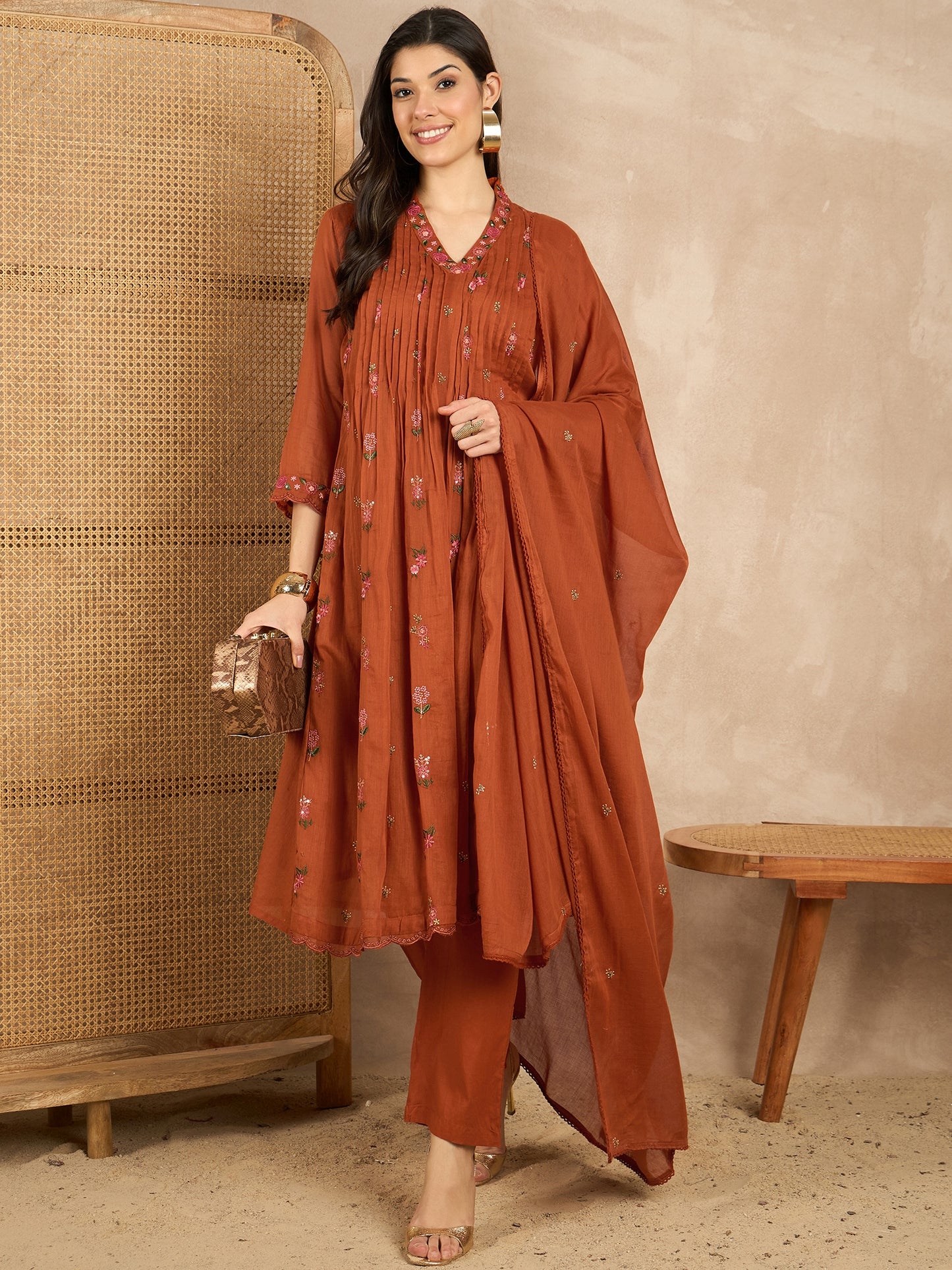 Women Floral Embroidered Pleated Thread Work Kurta with Trousers & With Dupatta