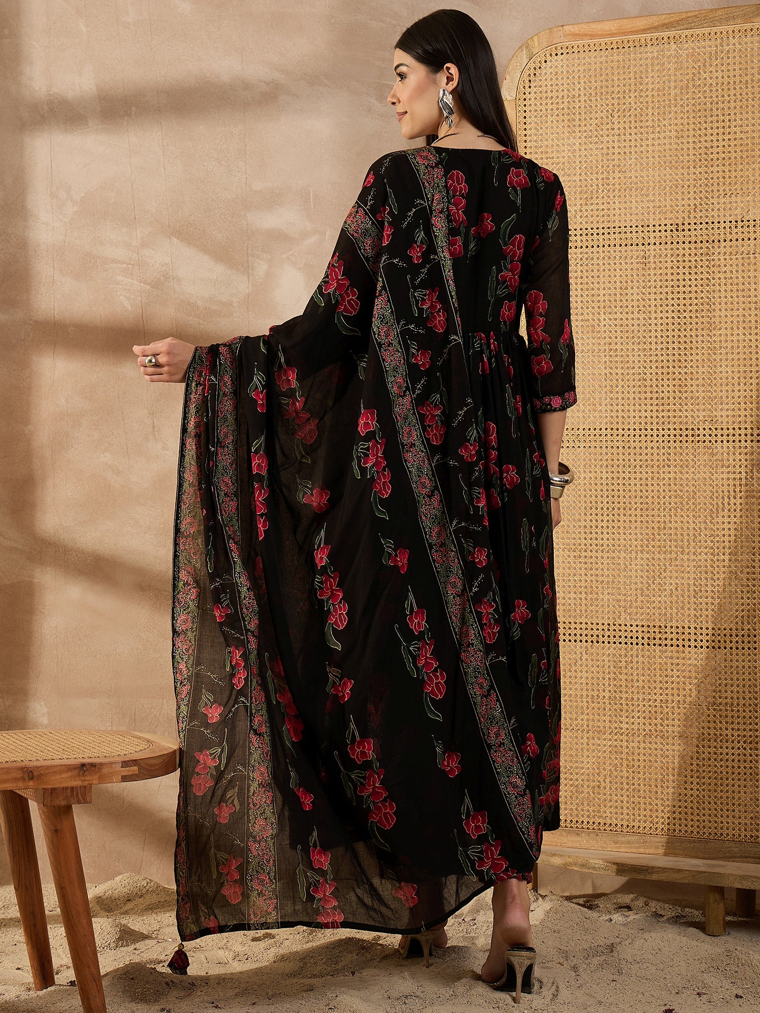 Floral Printed Empire Anarkali Thread Work Voile Kurta With Trousers & Dupatta