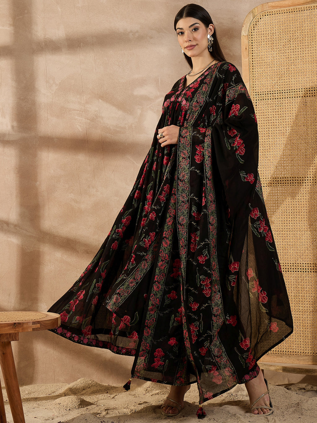 Floral Printed Empire Anarkali Thread Work Voile Kurta With Trousers & Dupatta