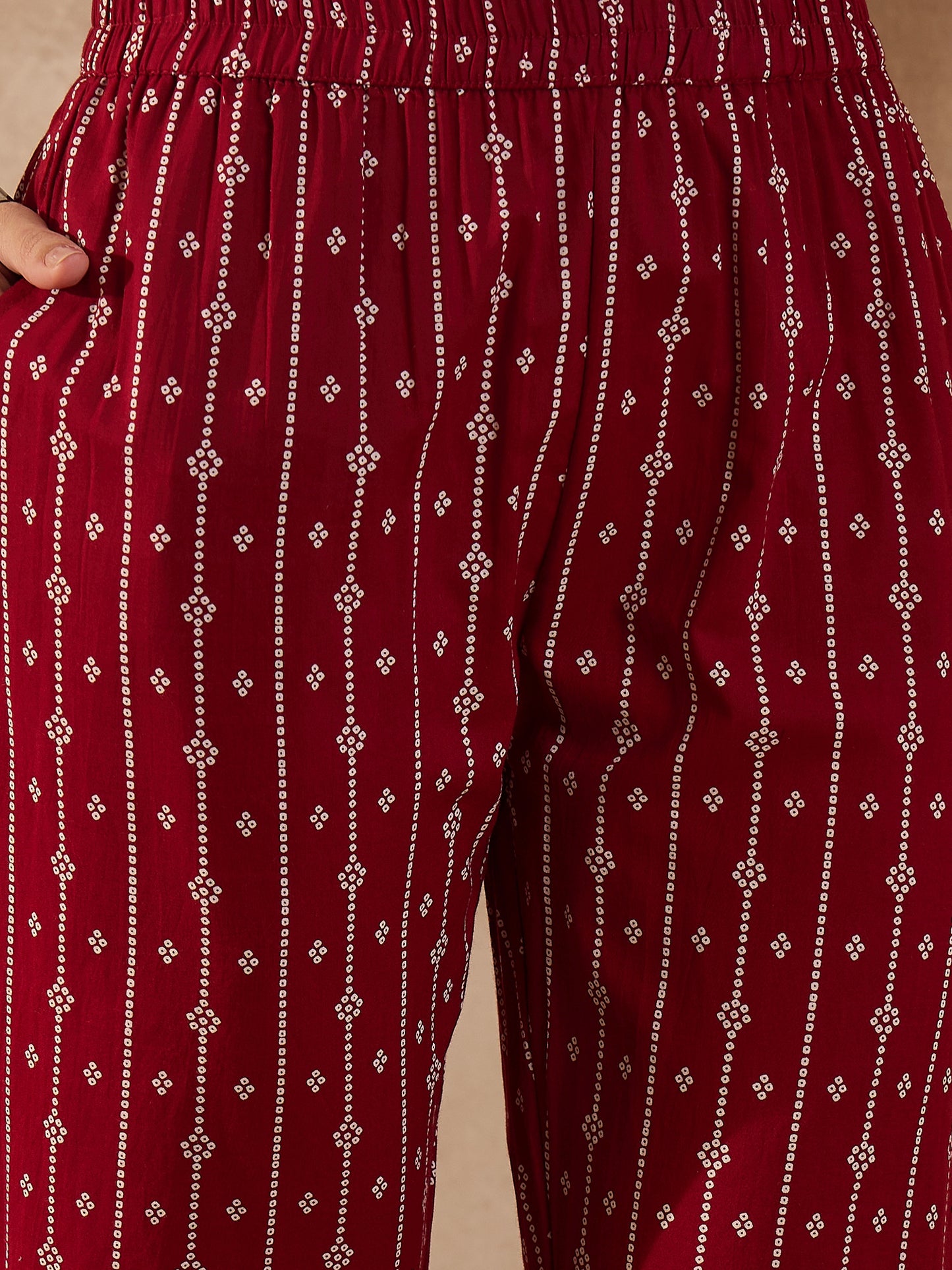 Bandhani Printed Beads and Stones Pure Cotton Kurta With Trousers & Dupatta