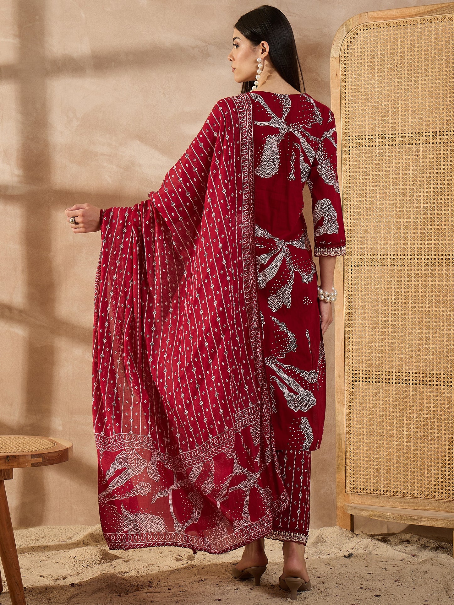 Bandhani Printed Beads and Stones Pure Cotton Kurta With Trousers & Dupatta