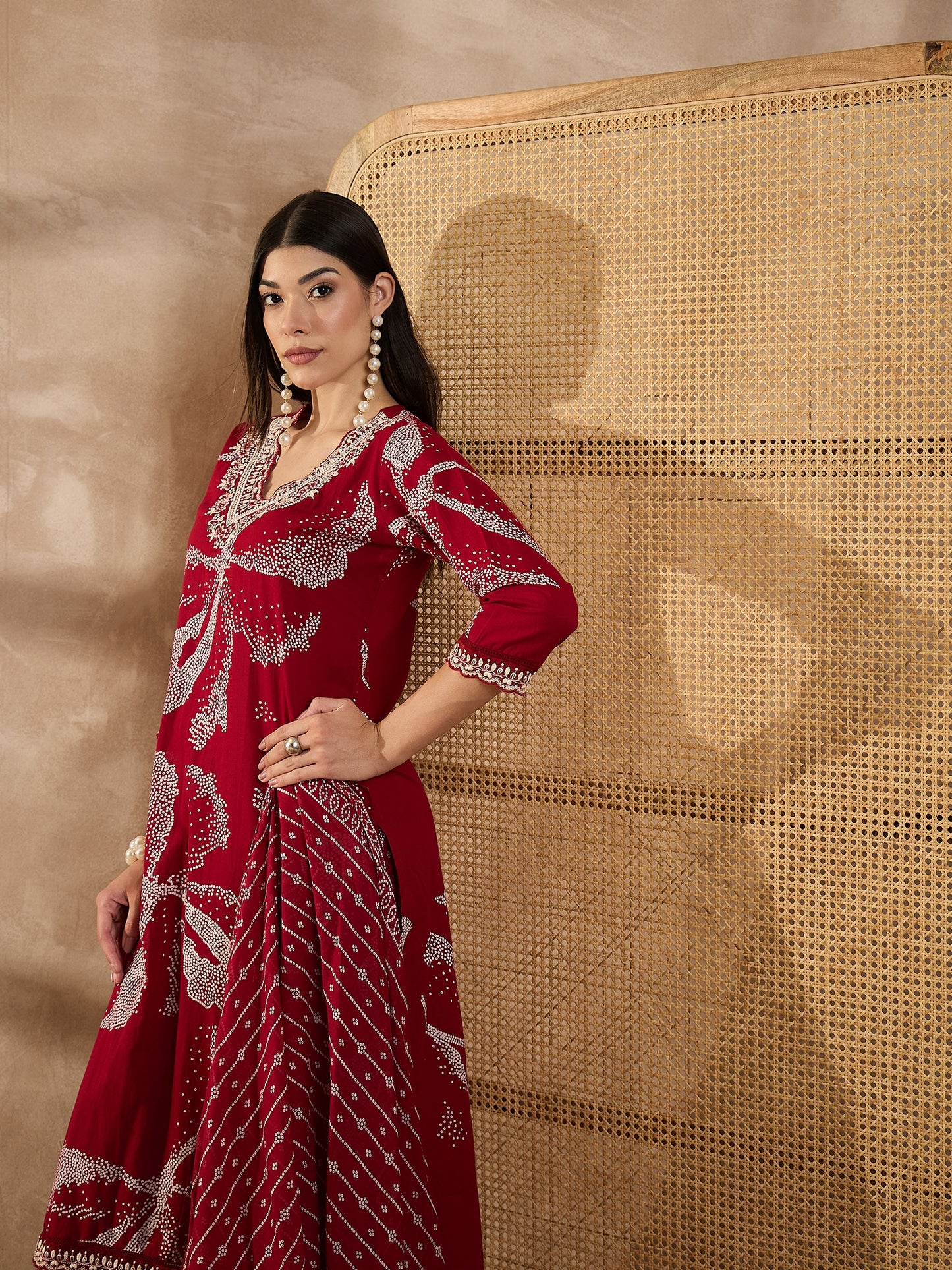 Bandhani Printed Beads and Stones Pure Cotton Kurta With Trousers & Dupatta