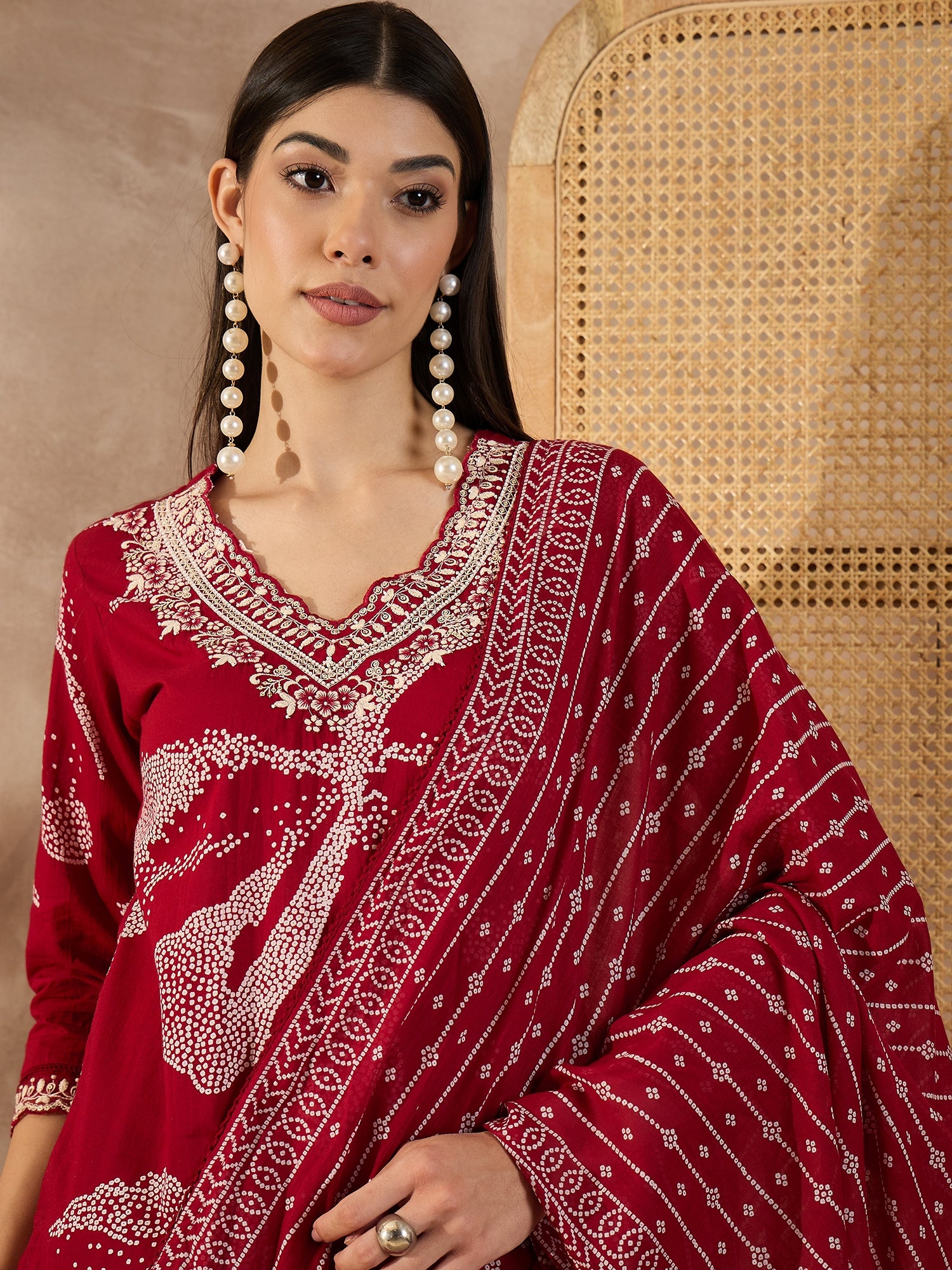 Bandhani Printed Beads and Stones Pure Cotton Kurta With Trousers & Dupatta