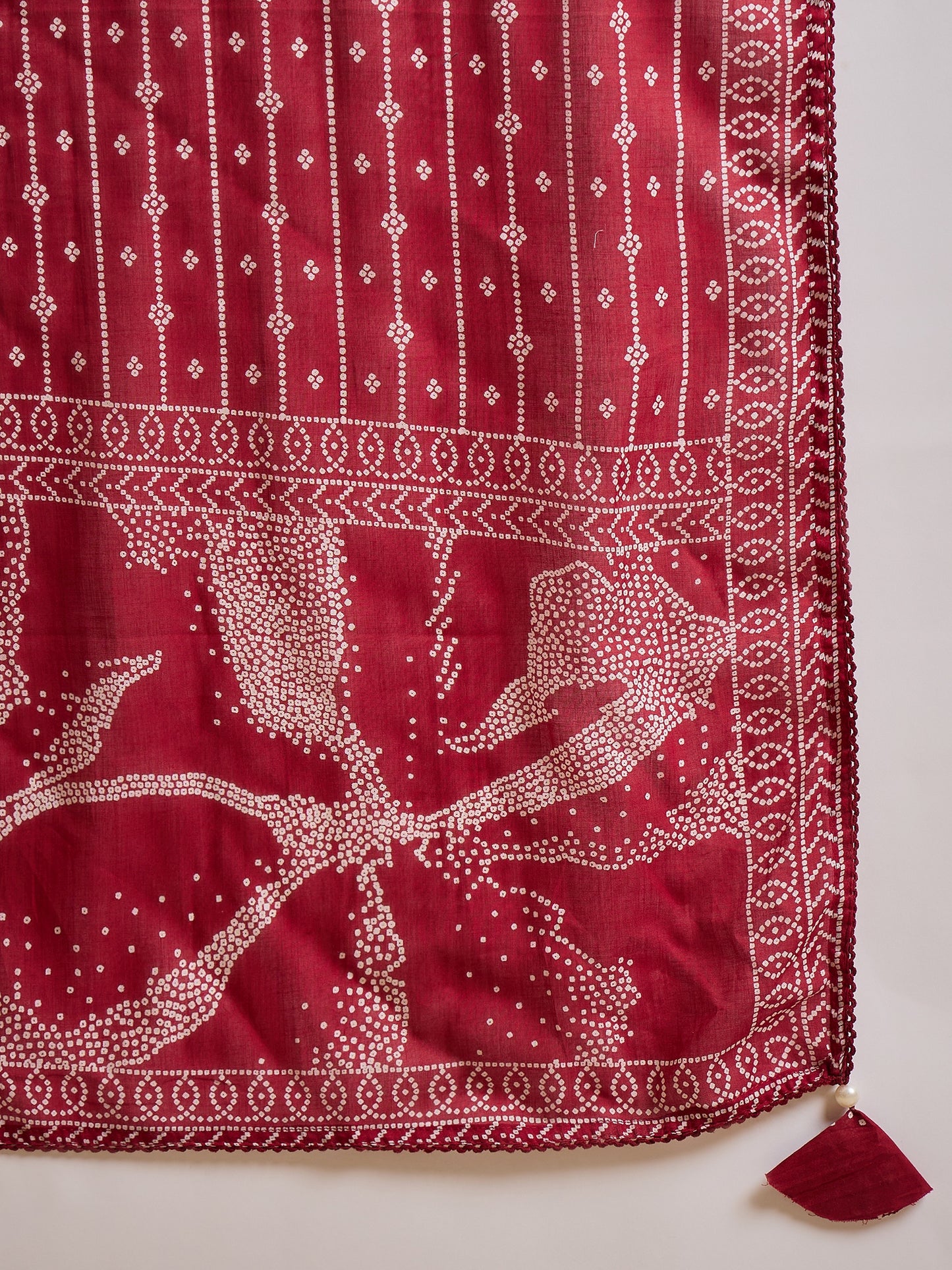 Bandhani Printed Beads and Stones Pure Cotton Kurta With Trousers & Dupatta