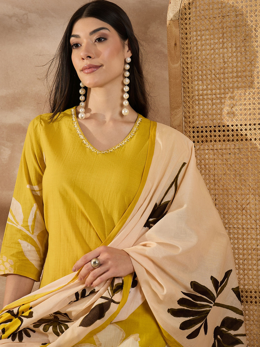 Women Floral Printed Cotton Kurta with Palazzo & Dupatta