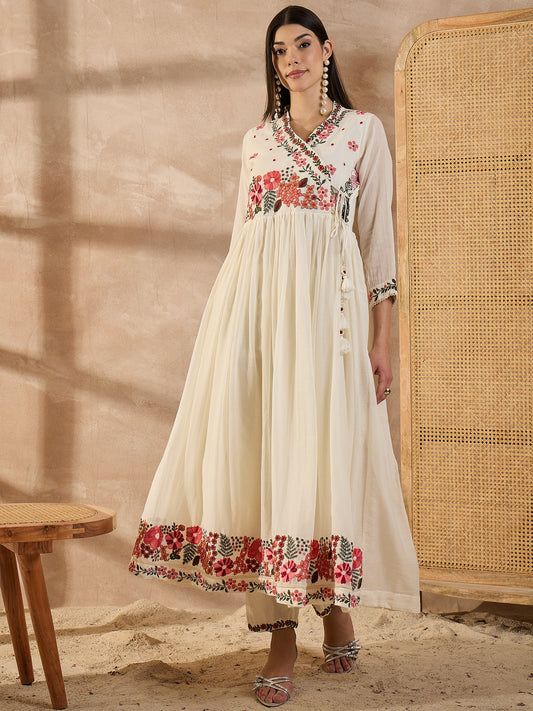 Women Floral Embroidered Anarkali Kurta with Trousers & Dupatta