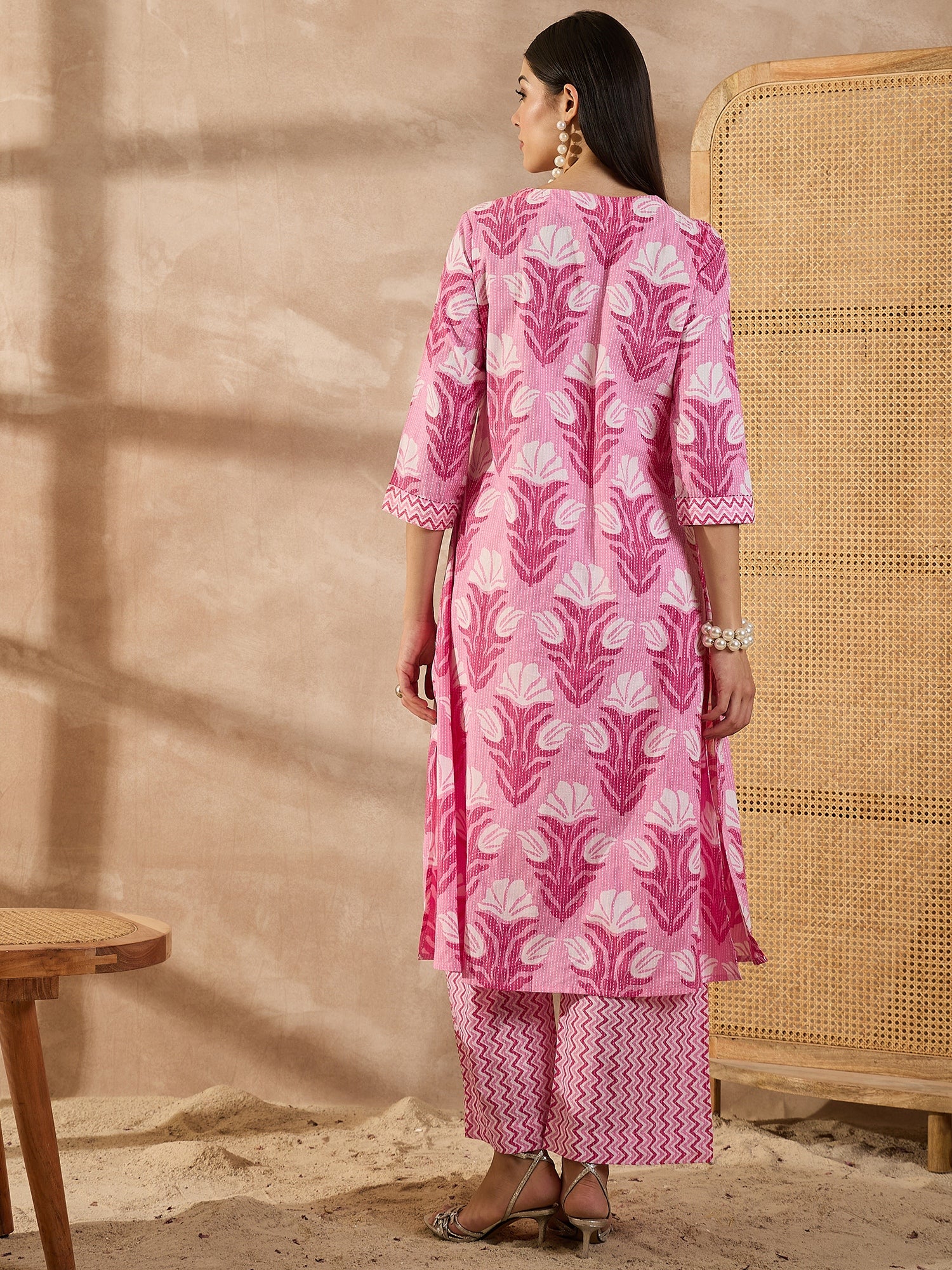 Women Floral Printed Cotton A-Line Kurta with Palazzo