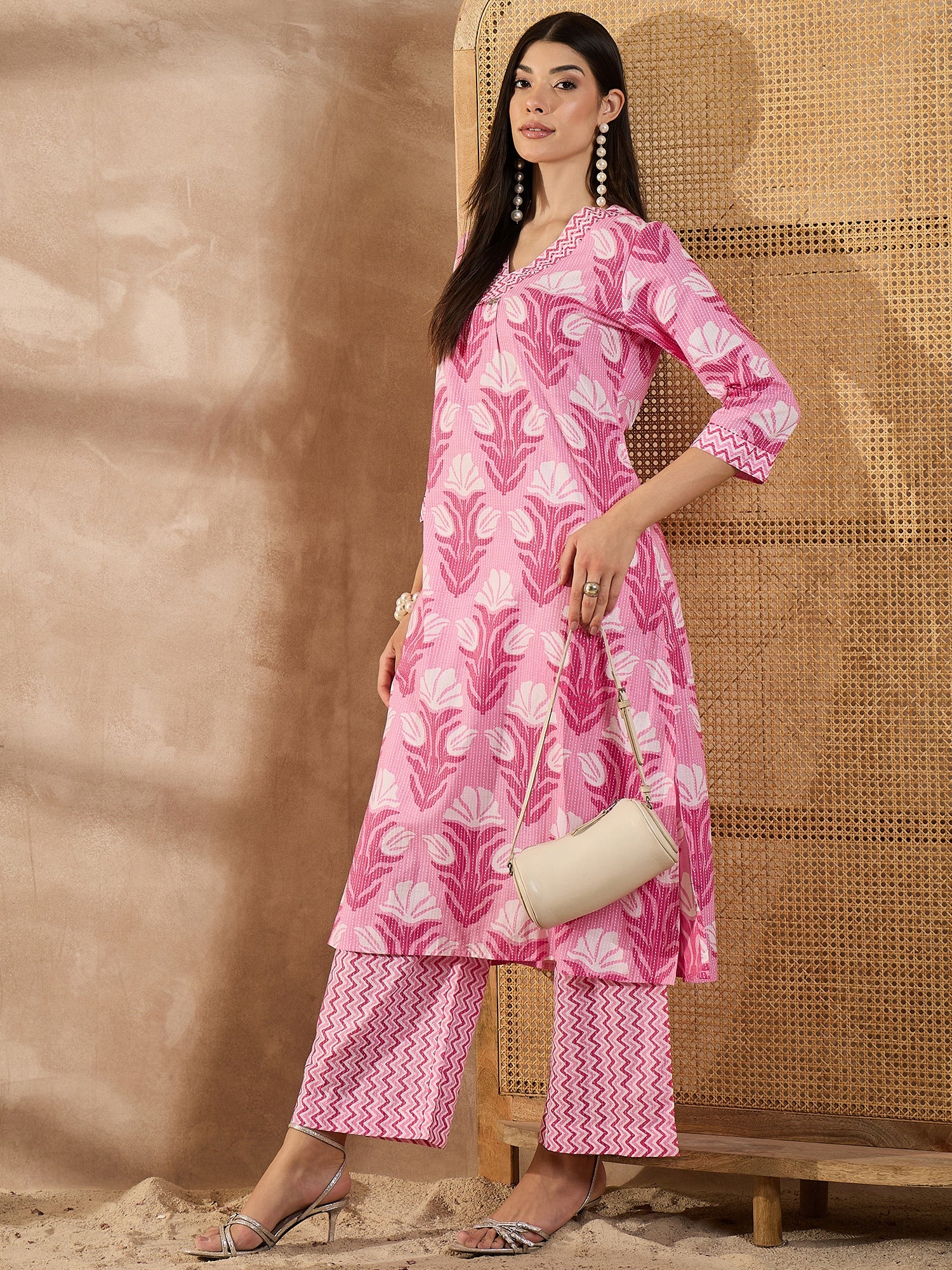 Women Floral Printed Cotton A-Line Kurta with Palazzo