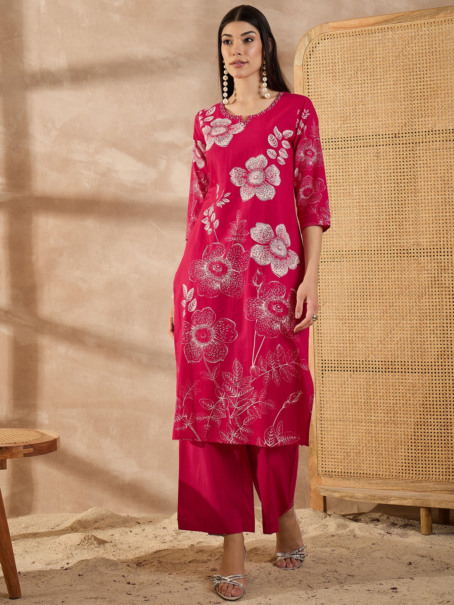 Women Floral Printed Cotton Kurta with Palazzo & Dupatta