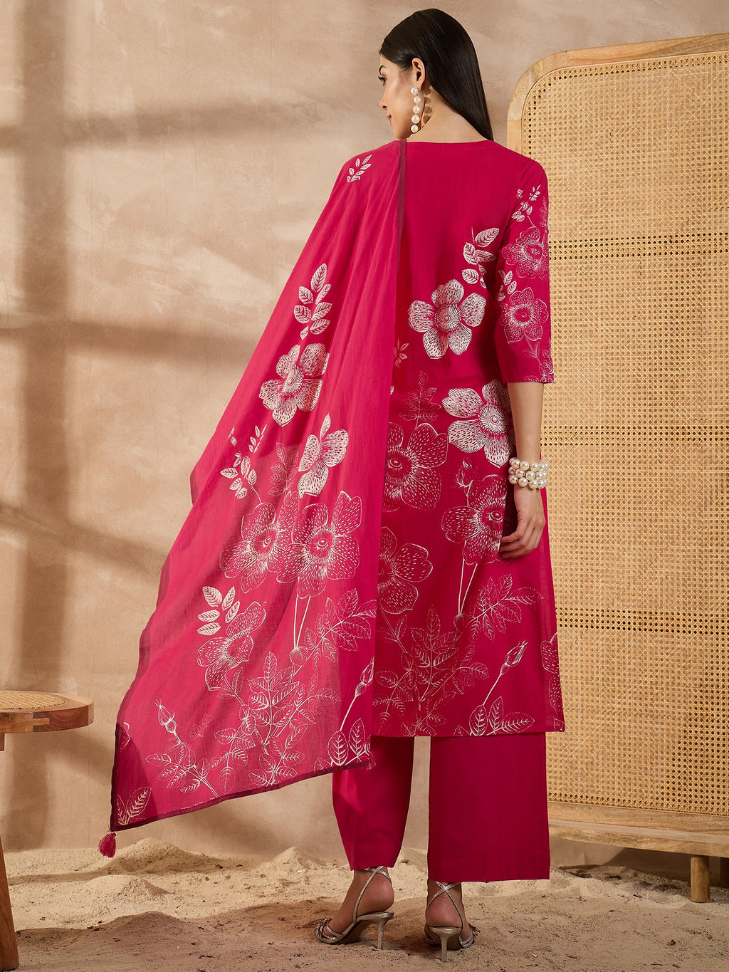 Women Floral Printed Cotton Kurta with Palazzo & Dupatta