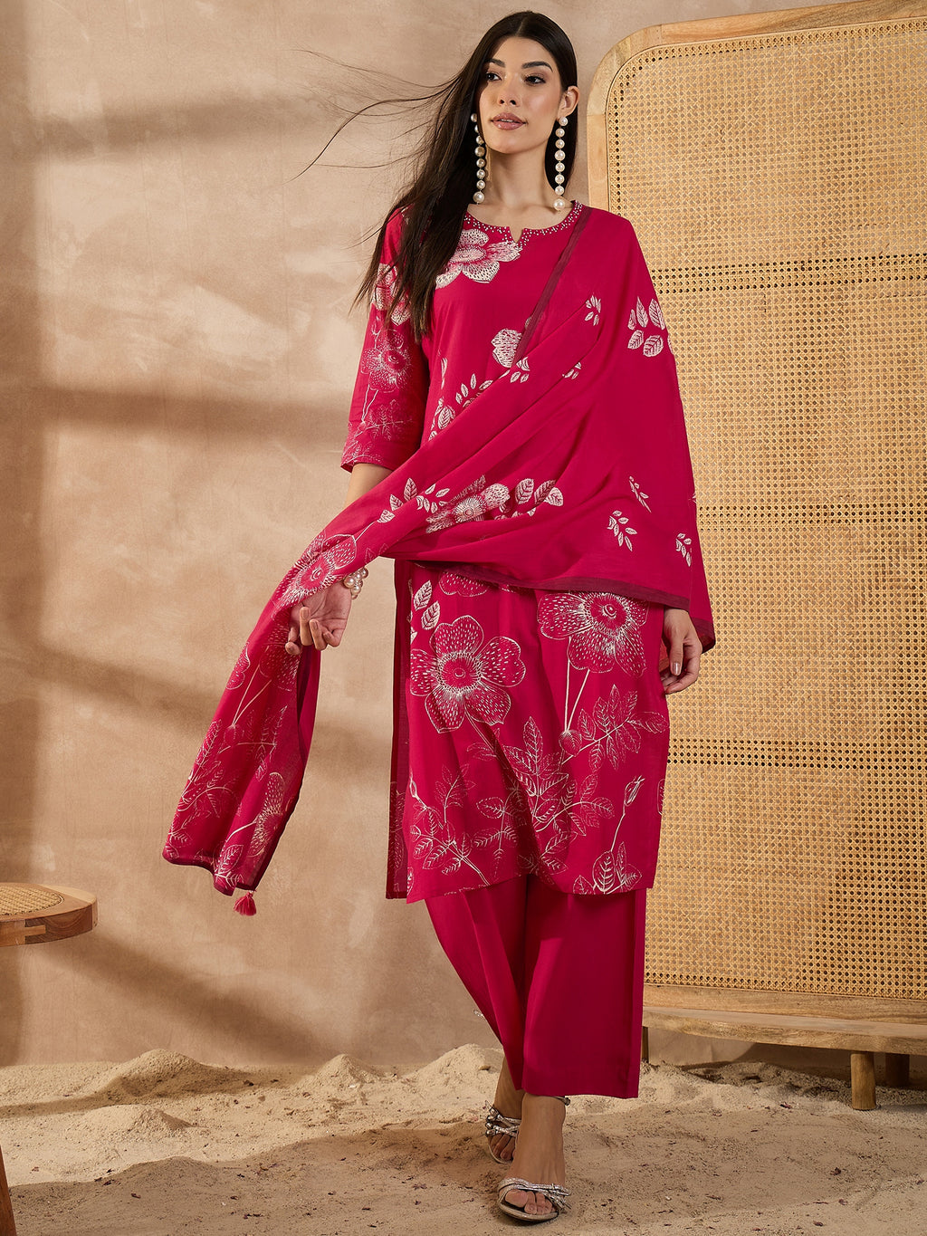 Women Floral Printed Cotton Kurta with Palazzo & Dupatta