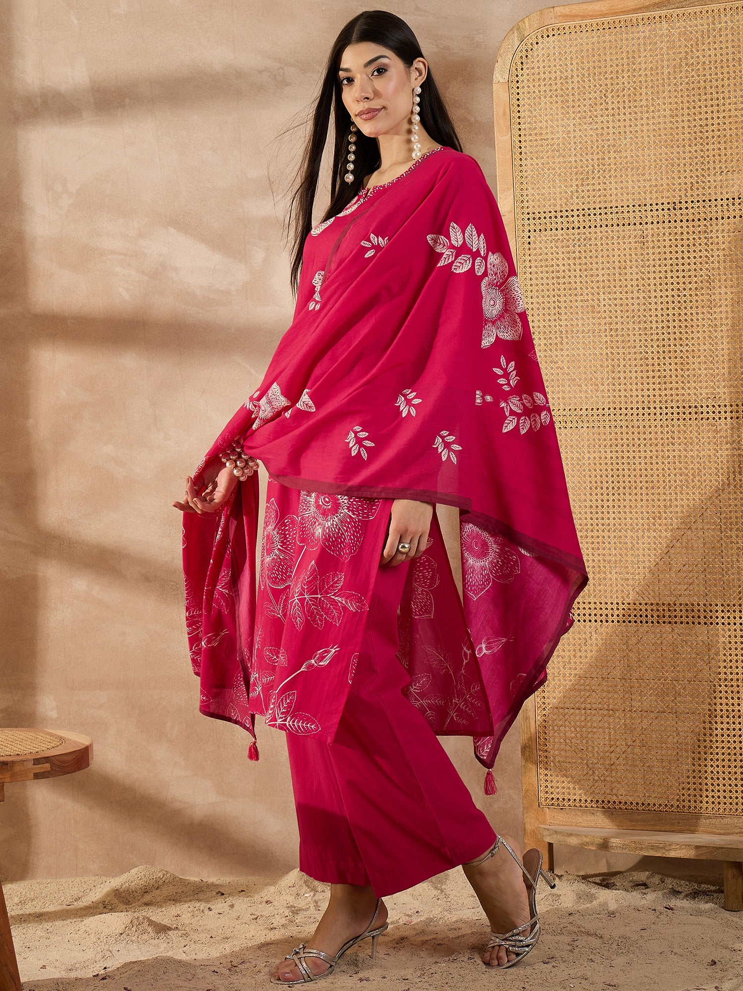 Women Floral Printed Cotton Kurta with Palazzo & Dupatta