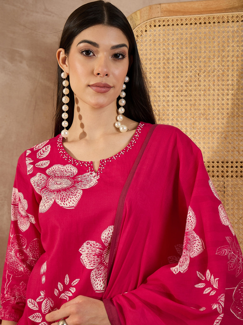 Women Floral Printed Cotton Kurta with Palazzo & Dupatta