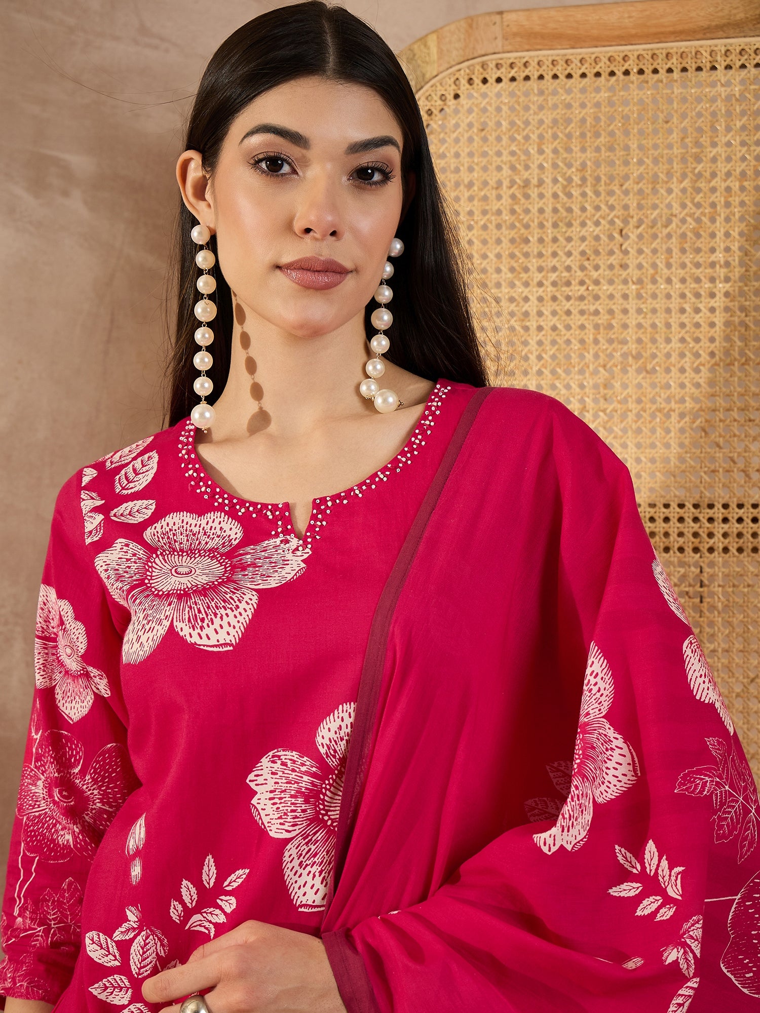 Women Floral Printed Cotton Kurta with Palazzo & Dupatta