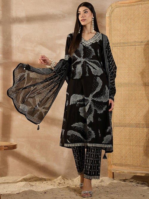 Bandhani Printed V-Neck Beads and Stones Pure Cotton Kurta With Trousers & Dupatta