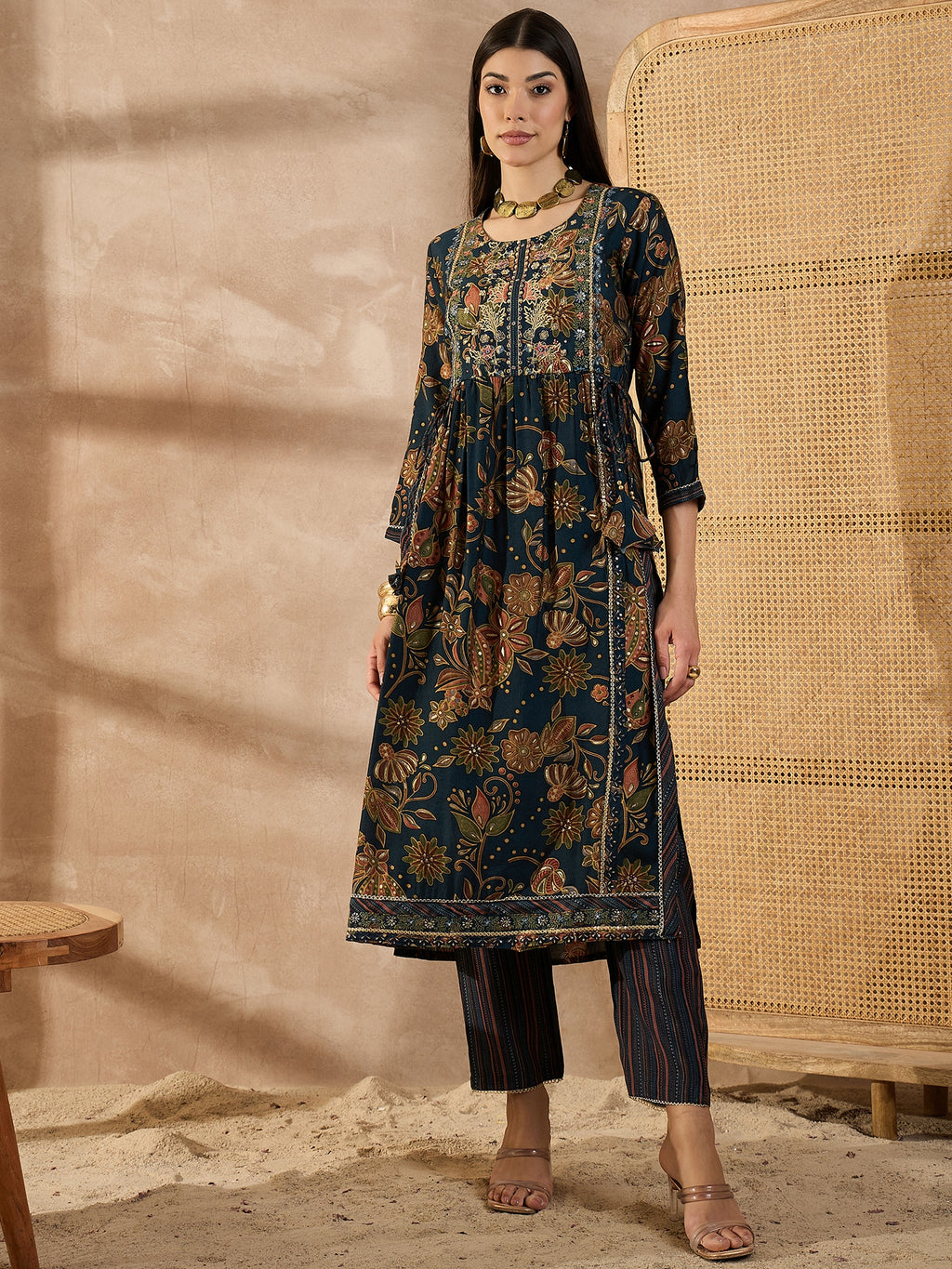 Floral Printed Sequinned Pleated Chanderi Silk A-Line Kurta With Trouser & Dupatta