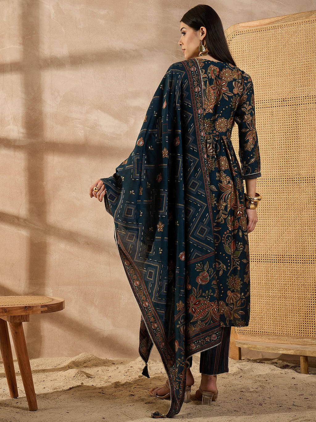 Floral Printed Sequinned Pleated Chanderi Silk A-Line Kurta With Trouser & Dupatta