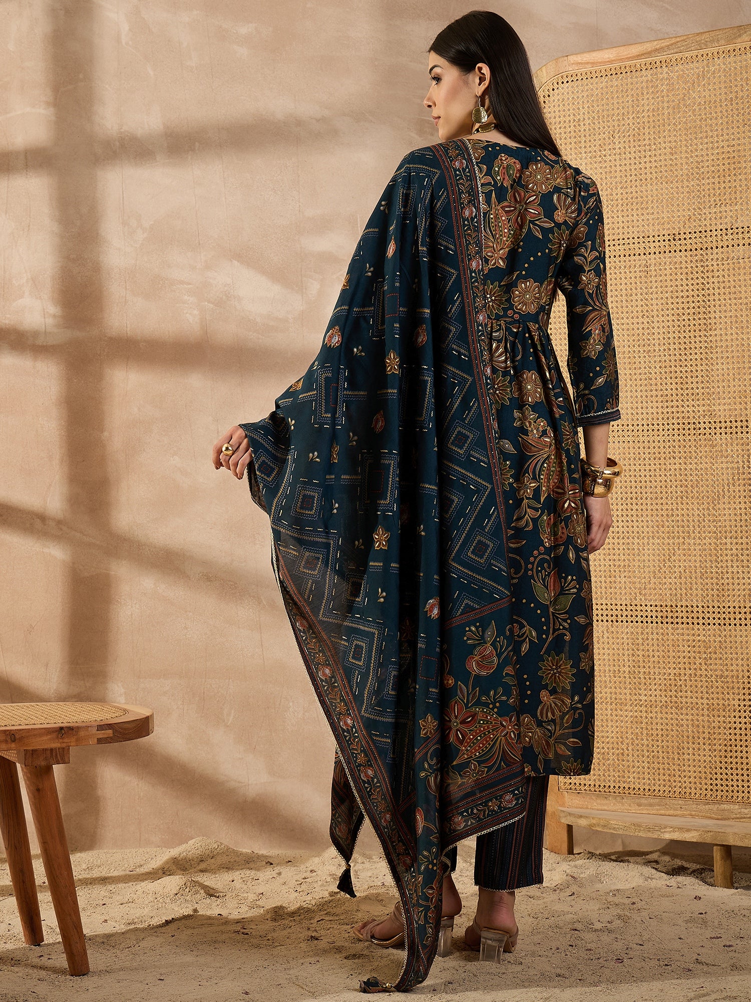 Floral Printed Sequinned Pleated Chanderi Silk A-Line Kurta With Trouser & Dupatta
