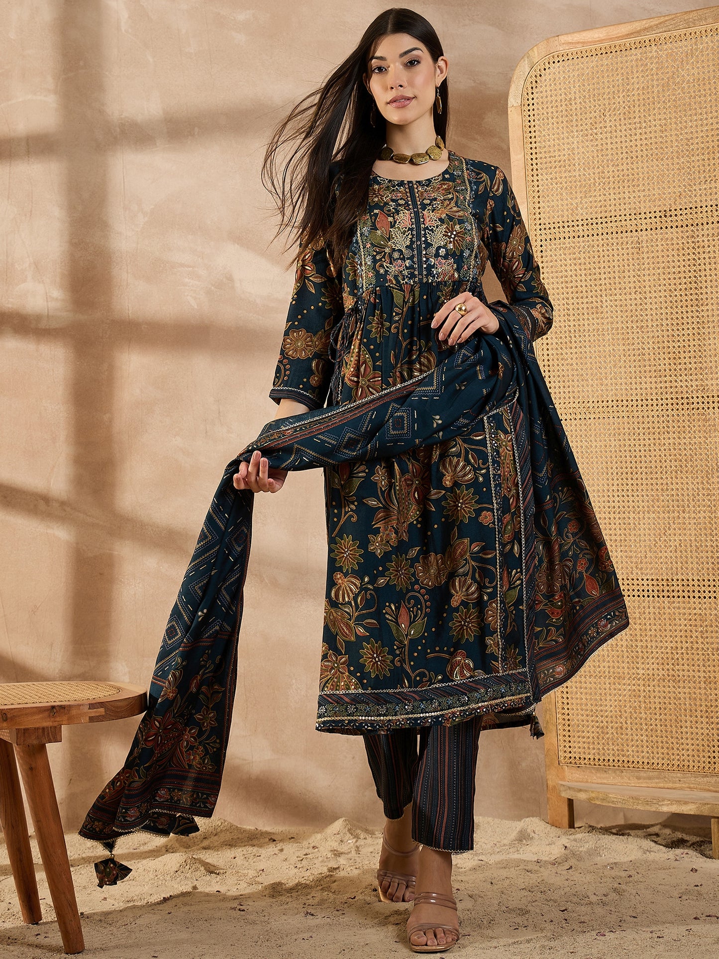 Floral Printed Sequinned Pleated Chanderi Silk A-Line Kurta With Trouser & Dupatta