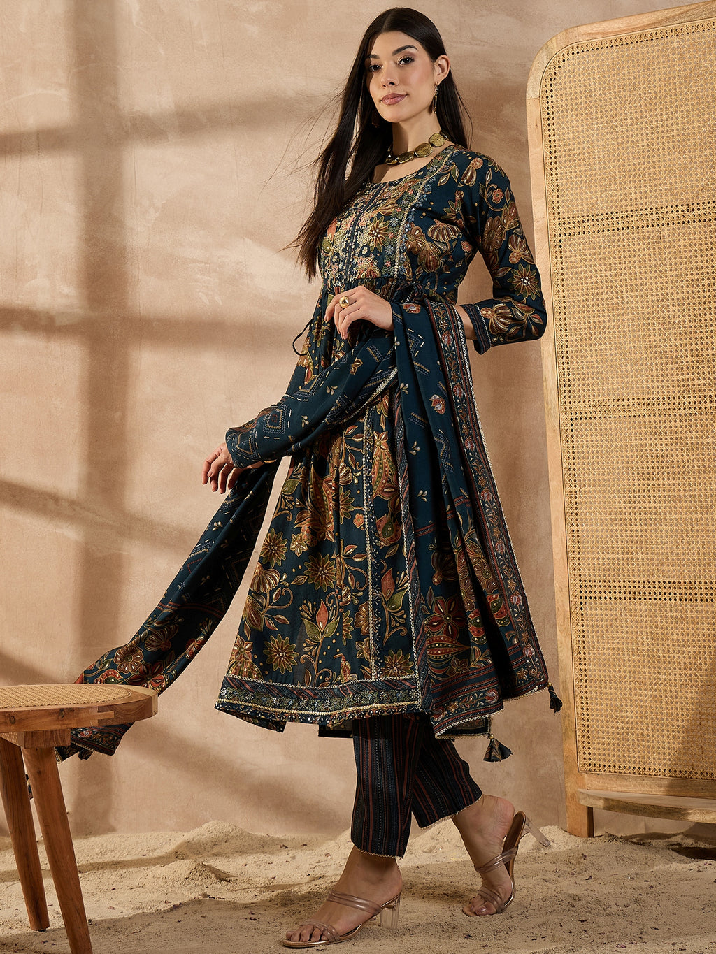 Floral Printed Sequinned Pleated Chanderi Silk A-Line Kurta With Trouser & Dupatta