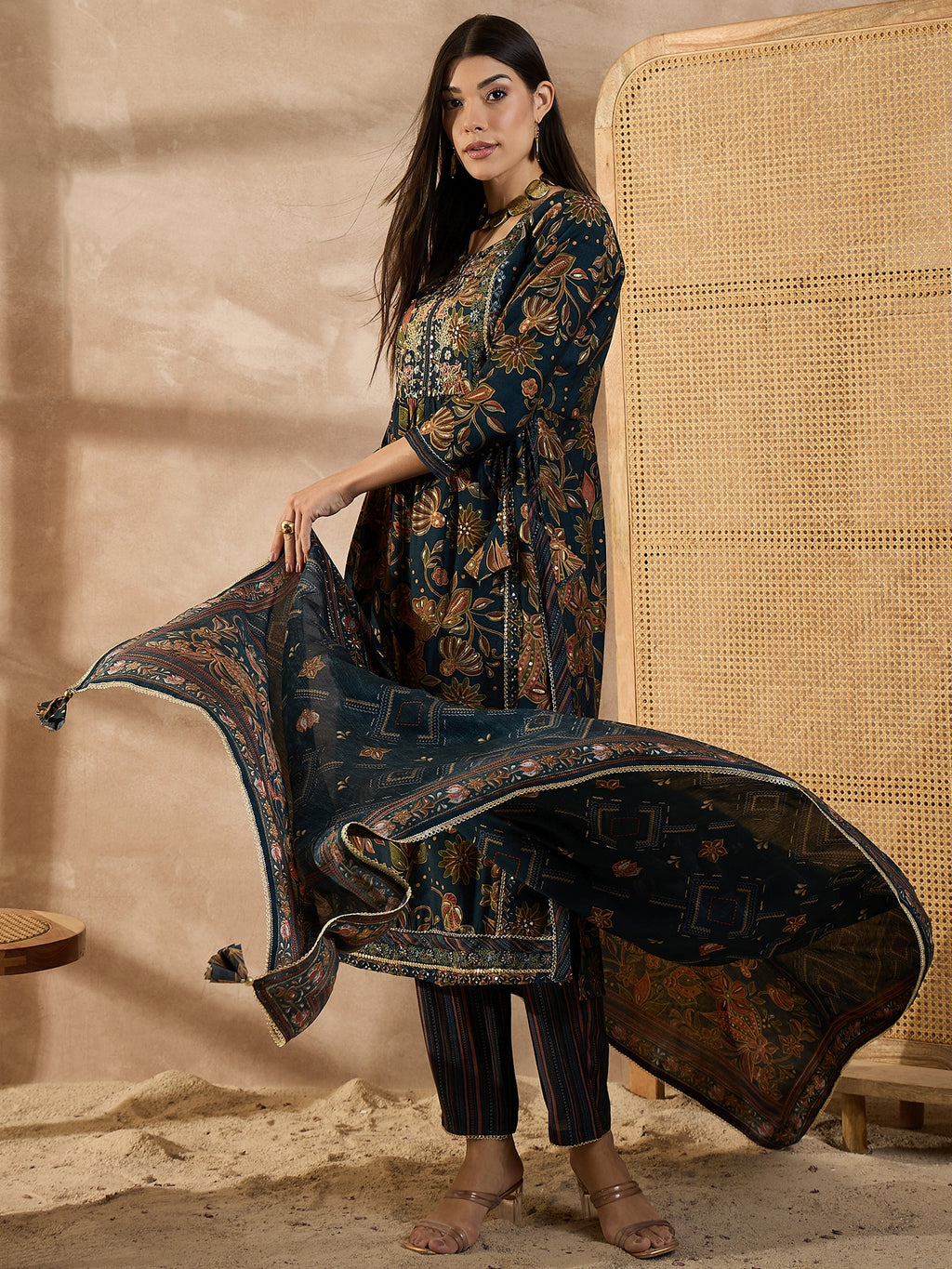 Floral Printed Sequinned Pleated Chanderi Silk A-Line Kurta With Trouser & Dupatta
