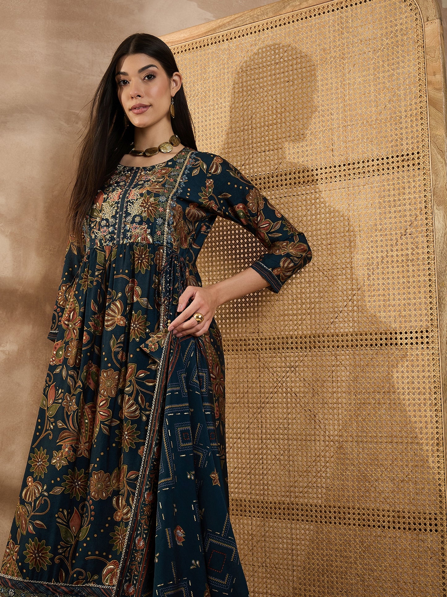 Floral Printed Sequinned Pleated Chanderi Silk A-Line Kurta With Trouser & Dupatta