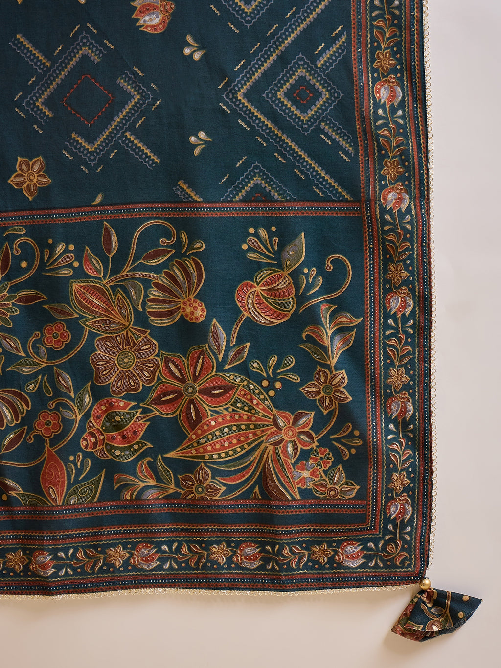 Floral Printed Sequinned Pleated Chanderi Silk A-Line Kurta With Trouser & Dupatta