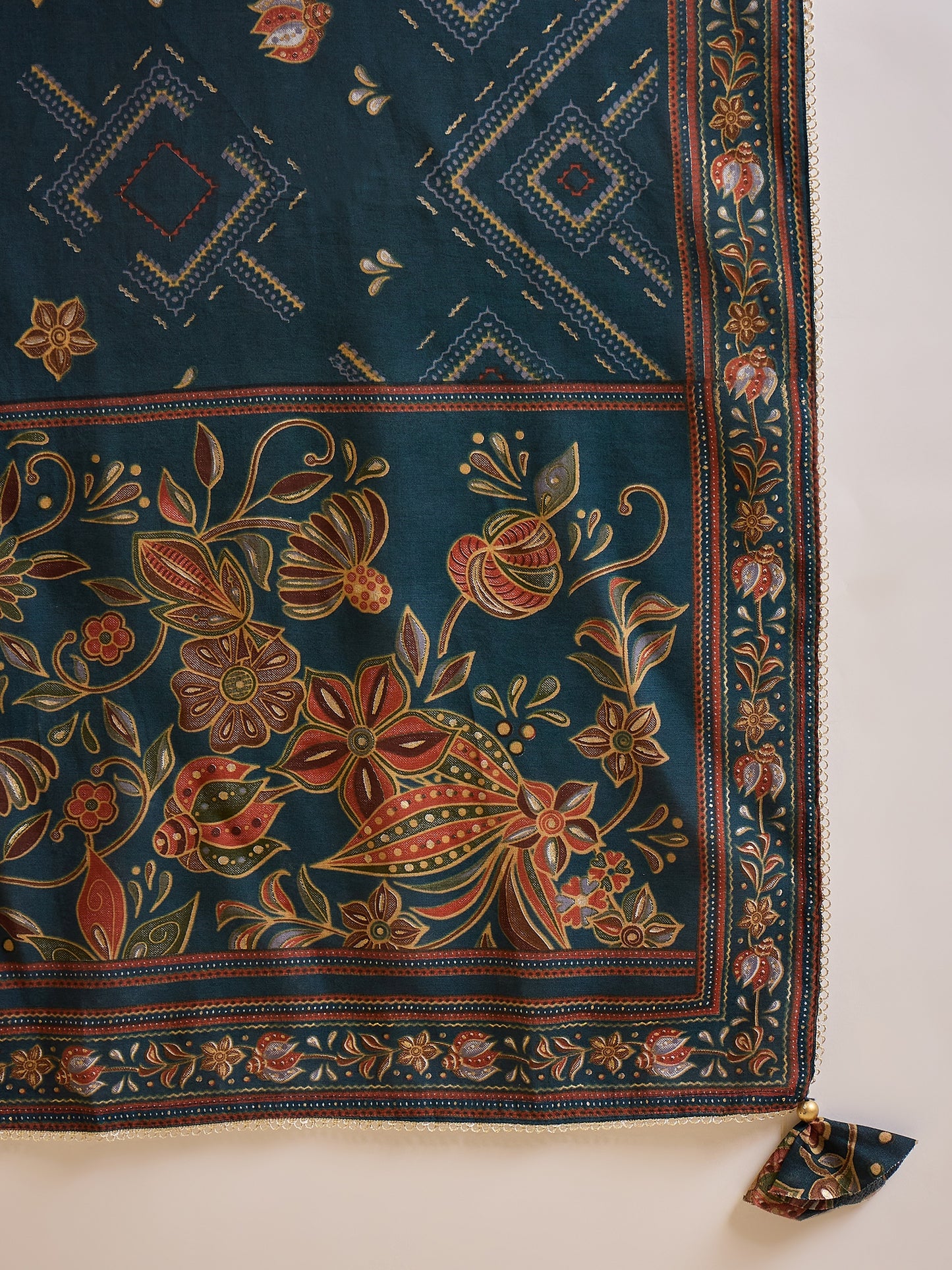 Floral Printed Sequinned Pleated Chanderi Silk A-Line Kurta With Trouser & Dupatta