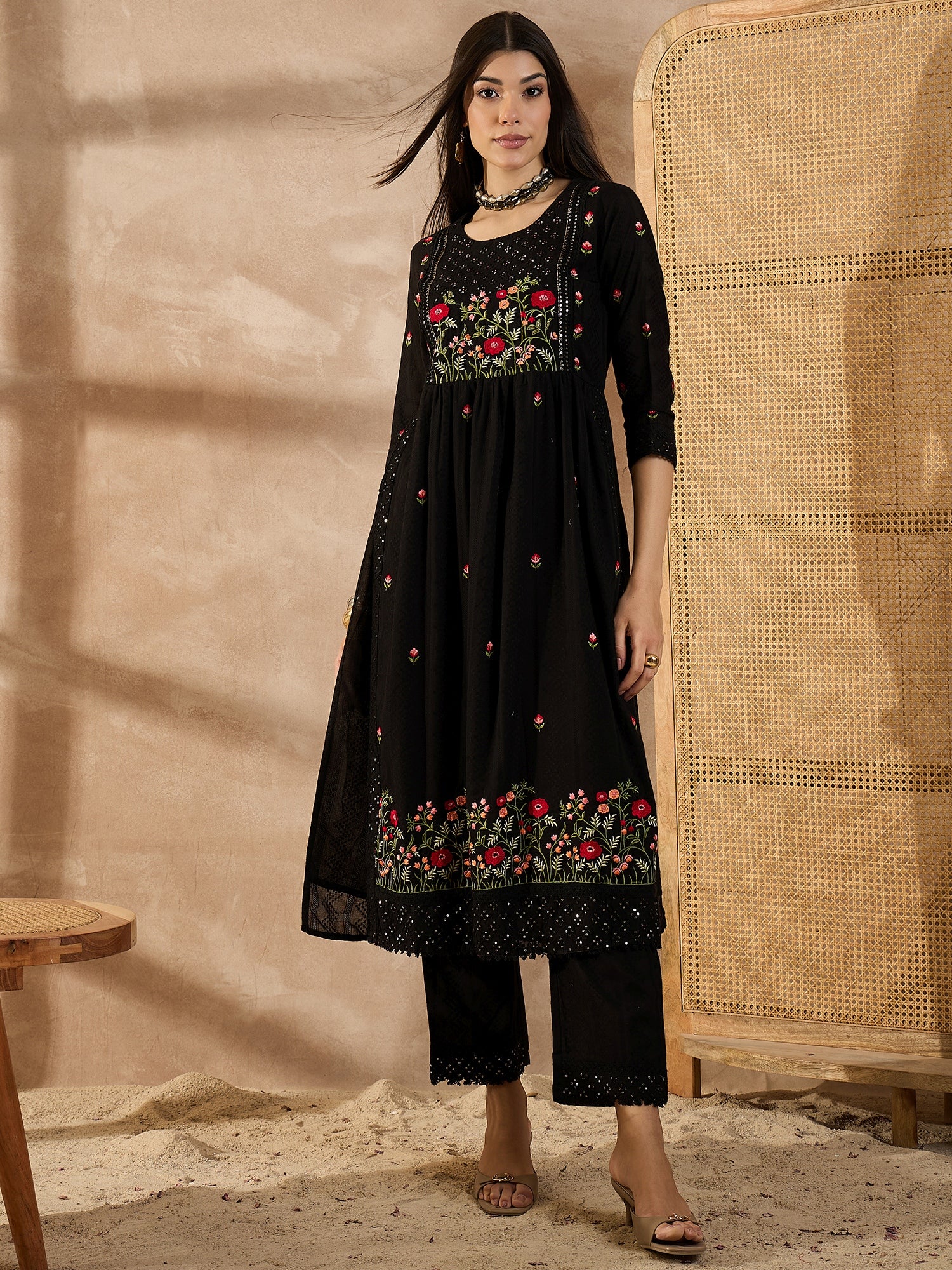 Floral Embroidered Thread Work Organic Cotton Straight Kurta With Trousers & Dupatta