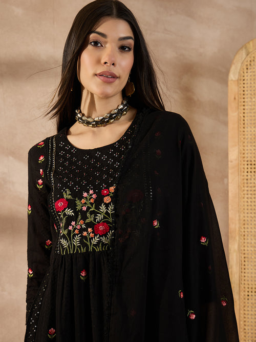 Floral Embroidered Thread Work Organic Cotton Straight Kurta With Trousers & Dupatta