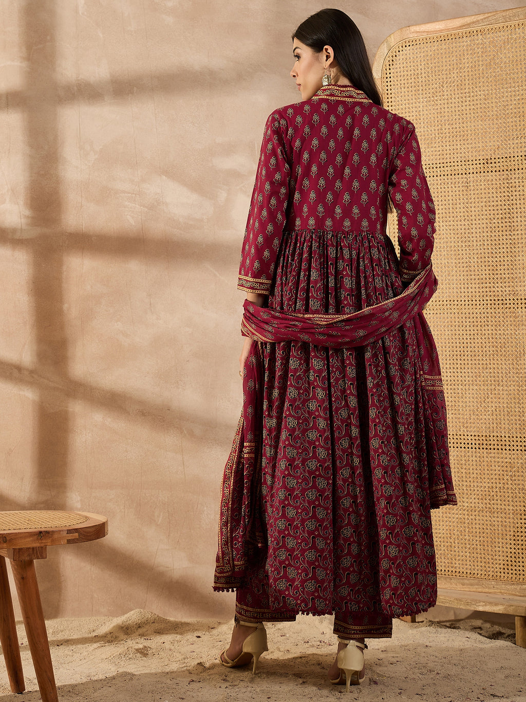 Floral Printed Sequinned Pleated Anarkali Pure Cotton Kurta With Trousers & Dupatta