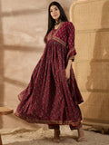 Floral Printed Sequinned Pleated Anarkali Pure Cotton Kurta With Trousers & Dupatta