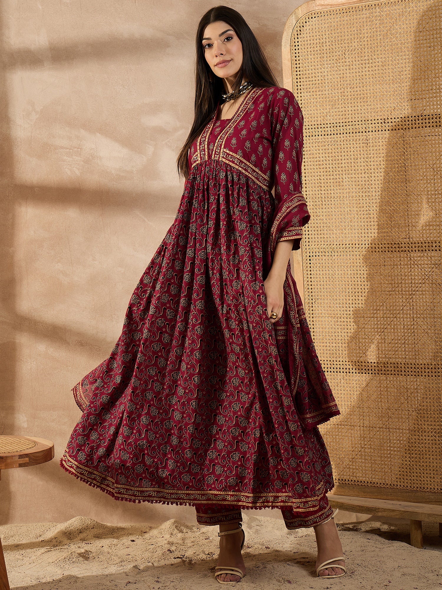 Floral Printed Sequinned Pleated Anarkali Pure Cotton Kurta With Trousers & Dupatta