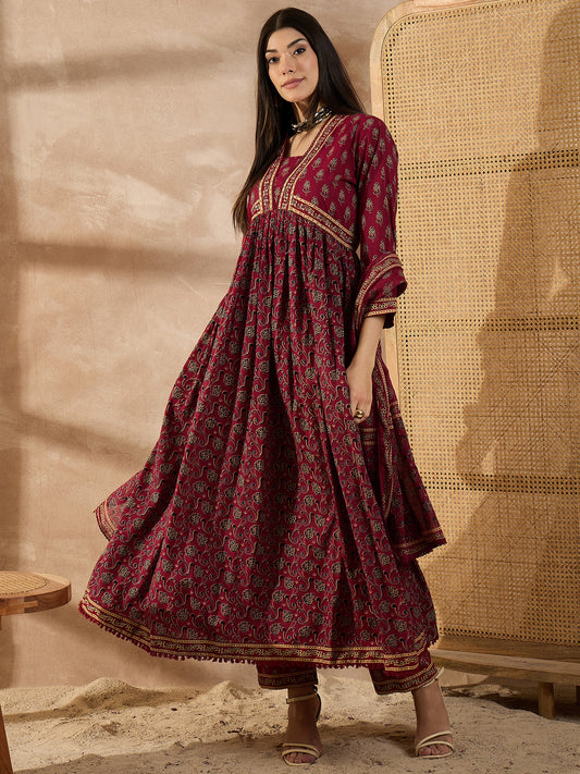 Floral Printed Sequinned Pleated Anarkali Pure Cotton Kurta With Trousers & Dupatta