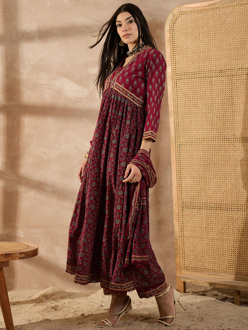 Floral Printed Sequinned Pleated Anarkali Pure Cotton Kurta With Trousers & Dupatta