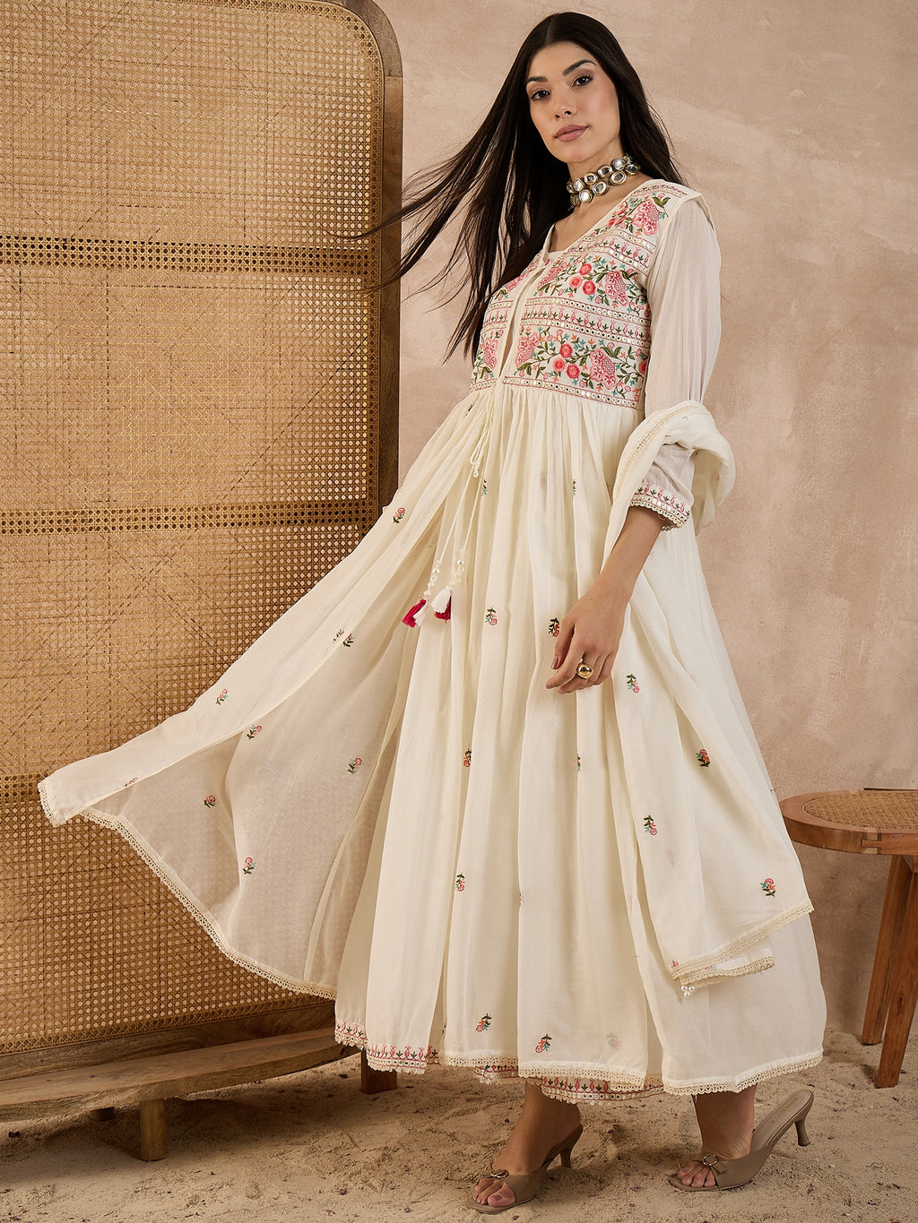 Floral Embroidered Pleated Thread Work Kurta With Trousers & Dupatta
