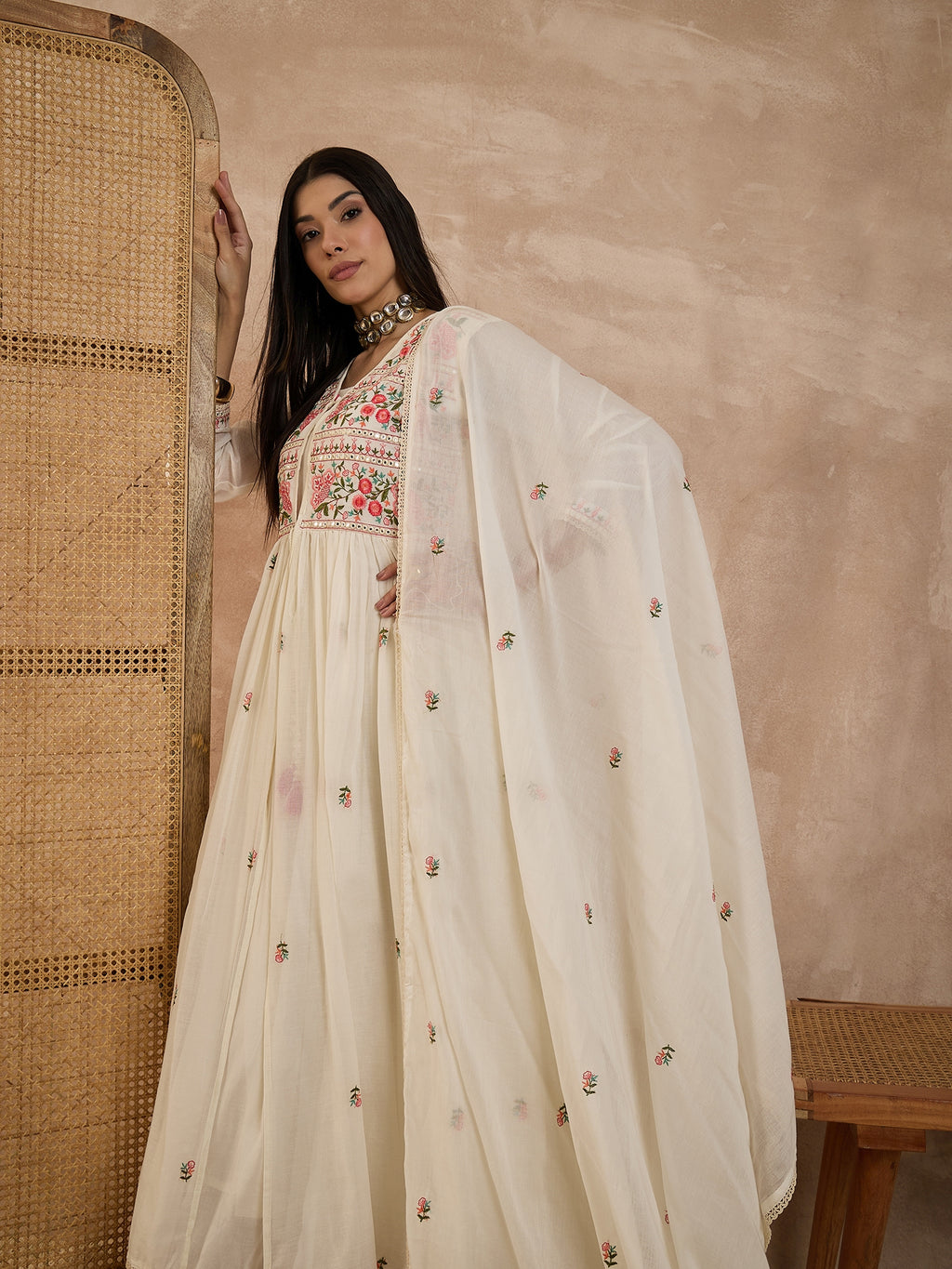 Floral Embroidered Pleated Thread Work Kurta With Trousers & Dupatta