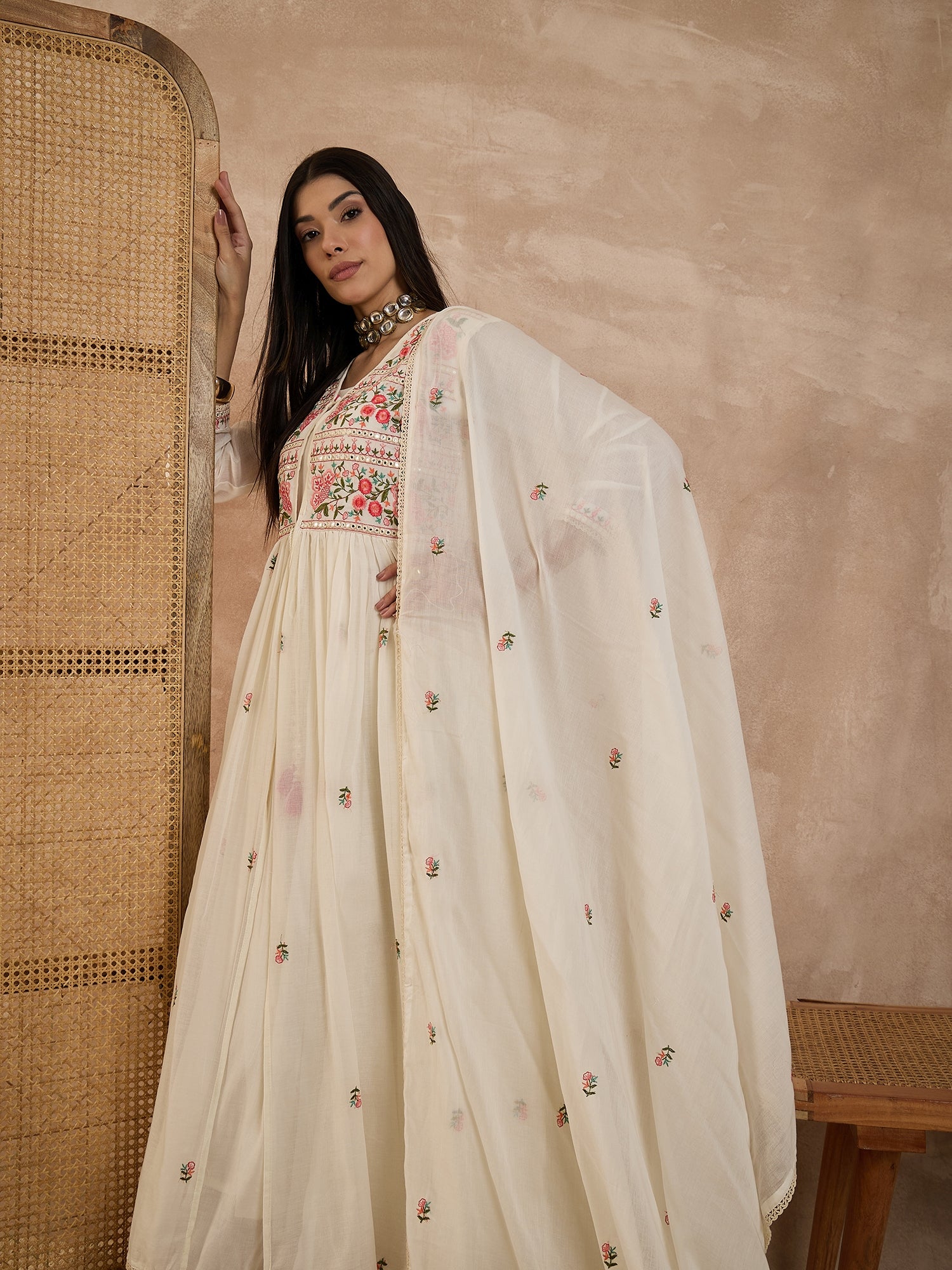 Floral Embroidered Pleated Thread Work Kurta With Trousers & Dupatta