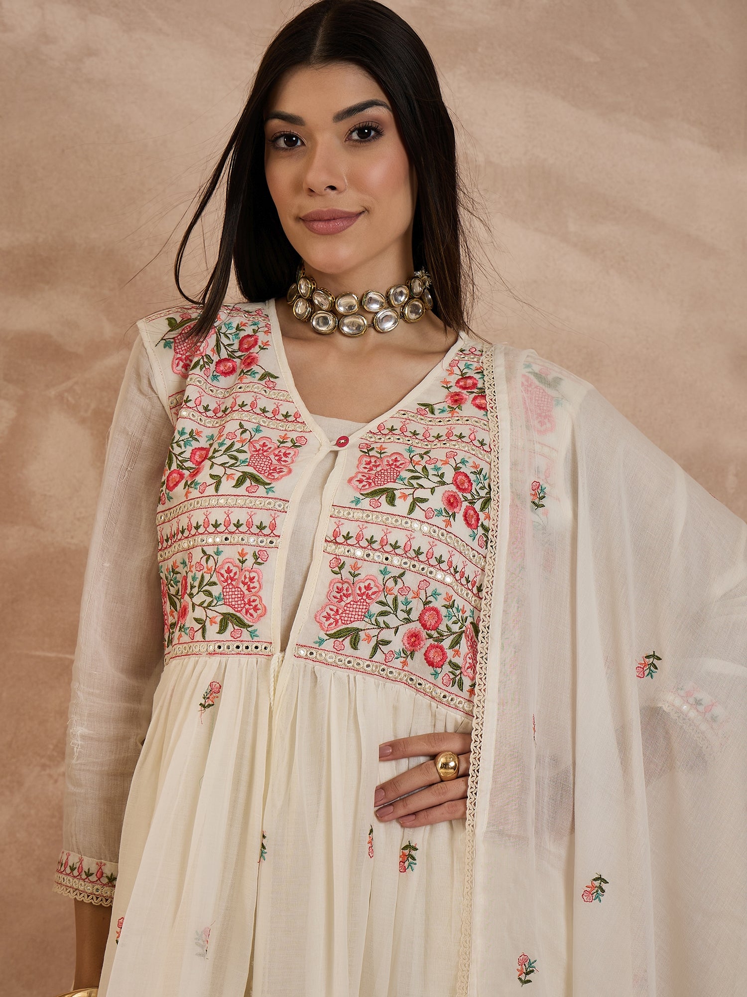 Floral Embroidered Pleated Thread Work Kurta With Trousers & Dupatta
