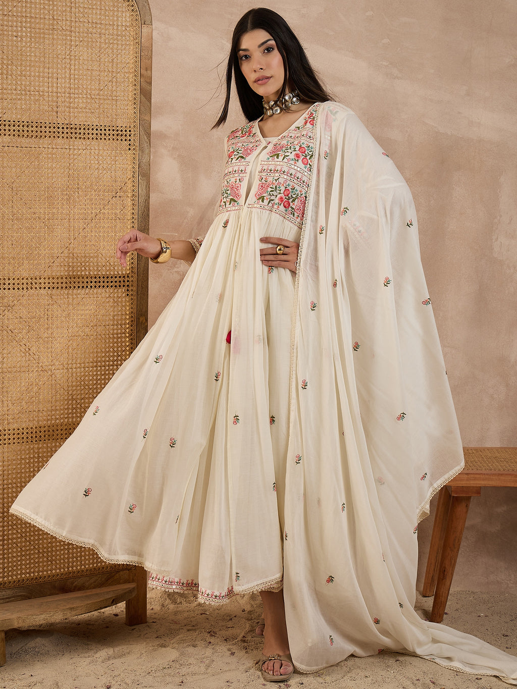 Floral Embroidered Pleated Thread Work Kurta With Trousers & Dupatta