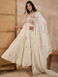 Floral Embroidered Pleated Thread Work Kurta With Trousers & Dupatta