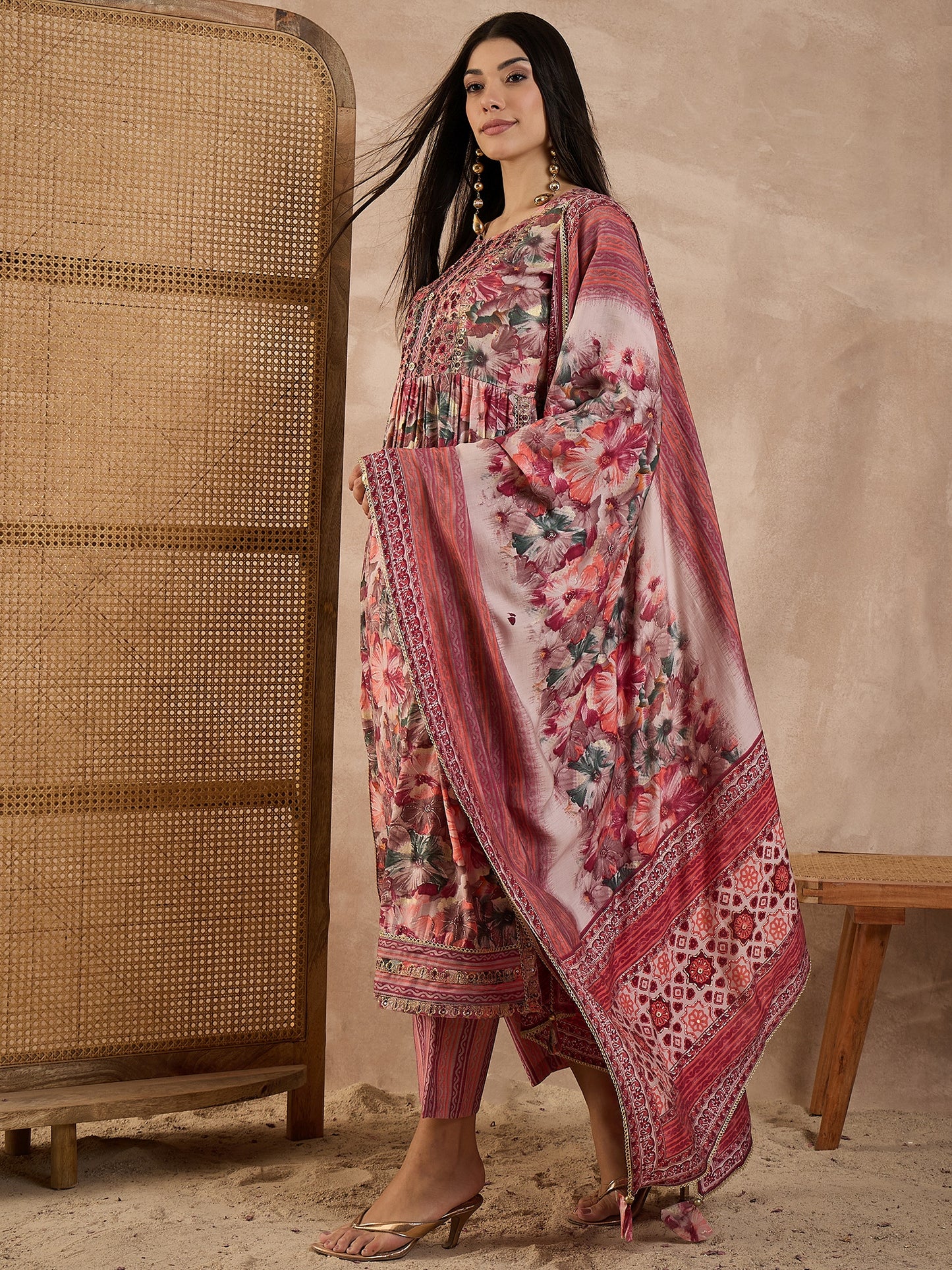 Floral Printed High Slit Thread Work Raw Silk Kurta With Trousers & Dupatta