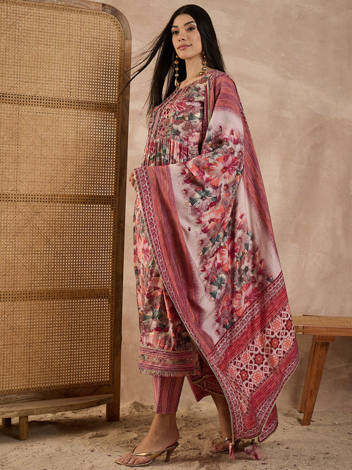 Floral Printed High Slit Thread Work Raw Silk Kurta With Trousers & Dupatta