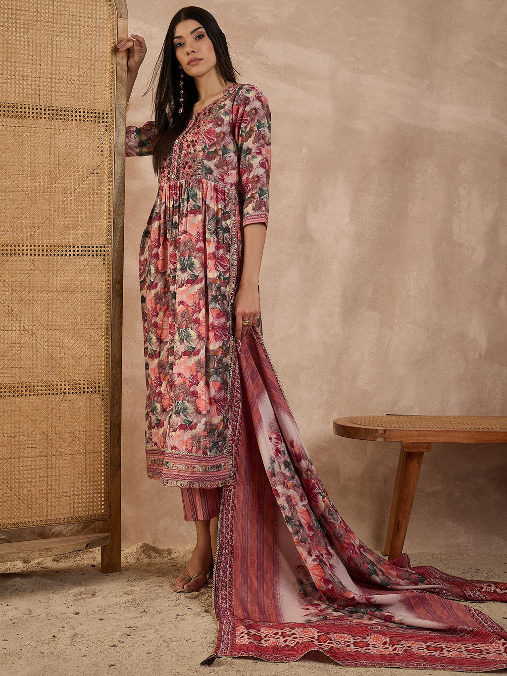 Floral Printed High Slit Thread Work Raw Silk Kurta With Trousers & Dupatta
