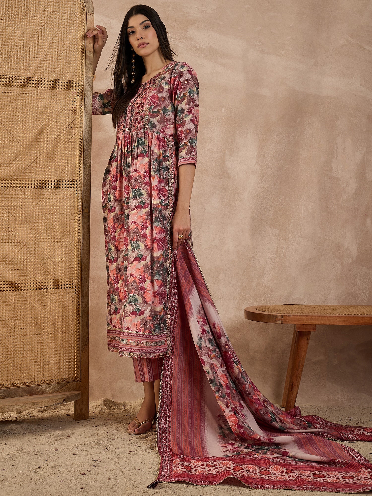 Floral Printed High Slit Thread Work Raw Silk Kurta With Trousers & Dupatta