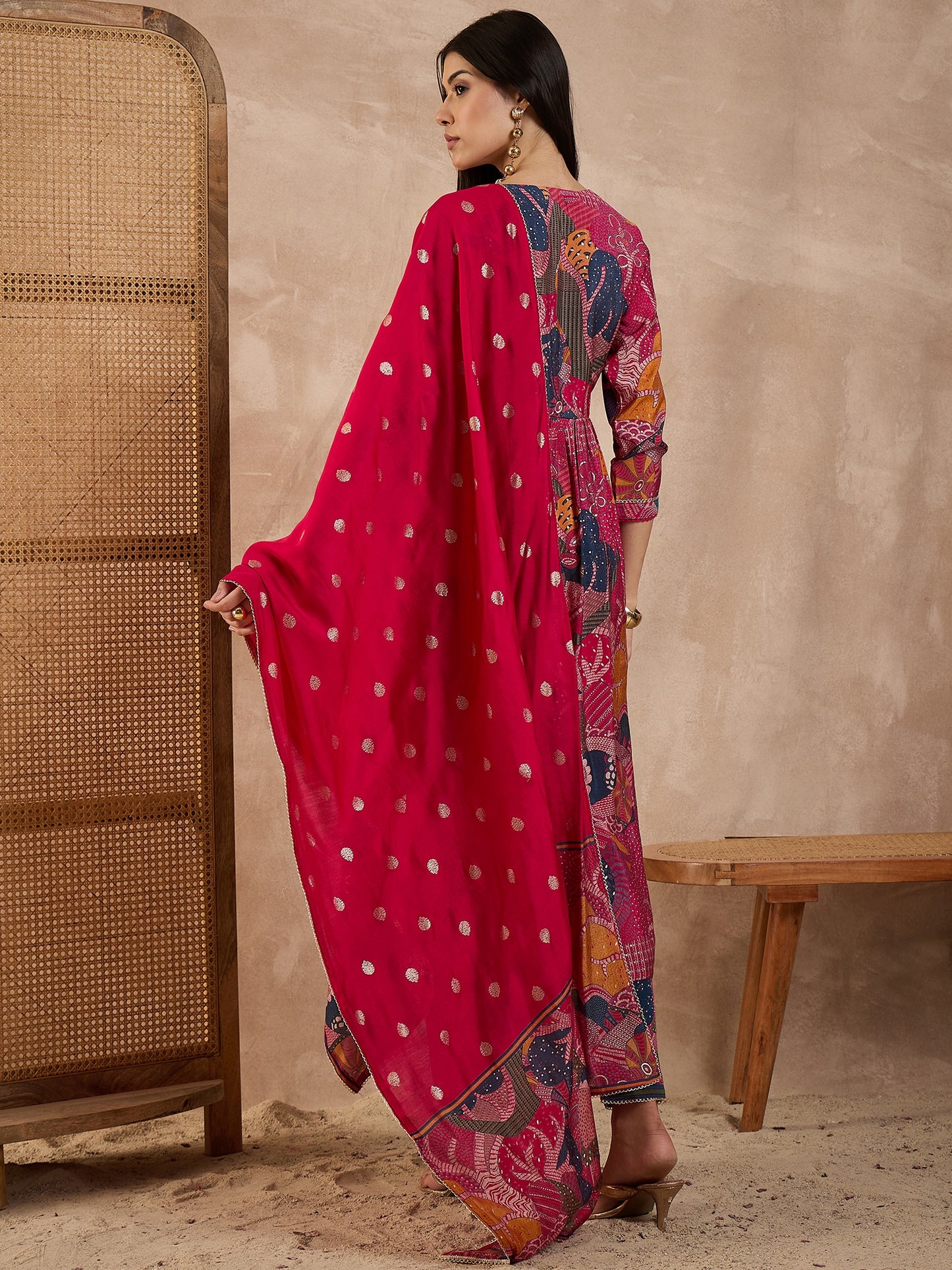 Floral Printed V-Neck Thread Work Raw Silk Kurta With Trousers & Dupatta
