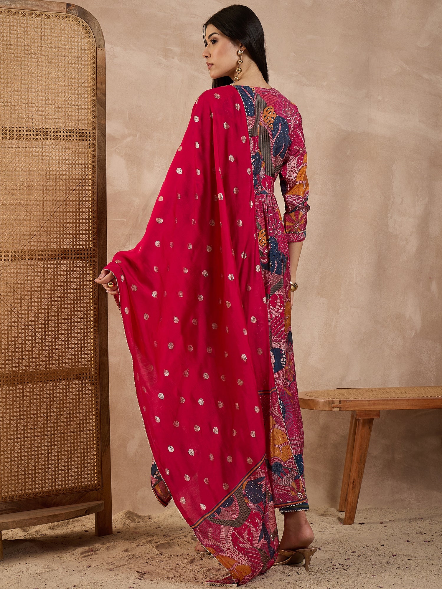 Floral Printed V-Neck Thread Work Raw Silk Kurta With Trousers & Dupatta