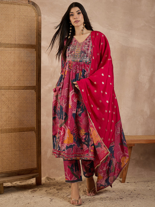 Floral Printed V-Neck Thread Work Raw Silk Kurta With Trousers & Dupatta