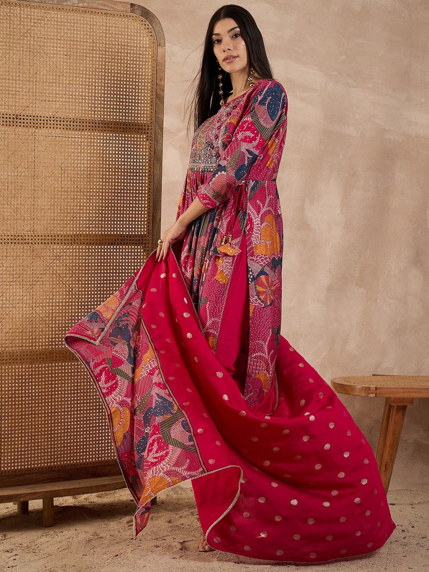 Floral Printed V-Neck Thread Work Raw Silk Kurta With Trousers & Dupatta